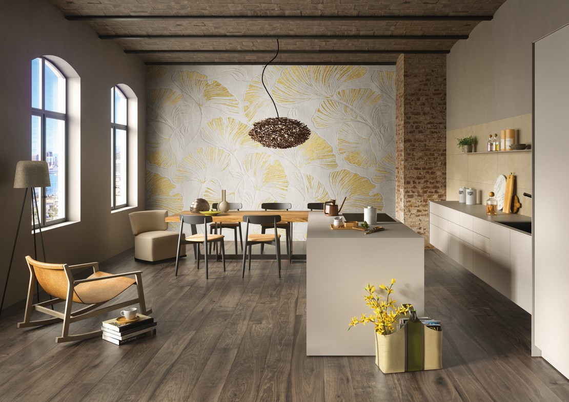 Modern rustic-style kitchen, open-plan with island, wallpaper, and wood-effect flooring.