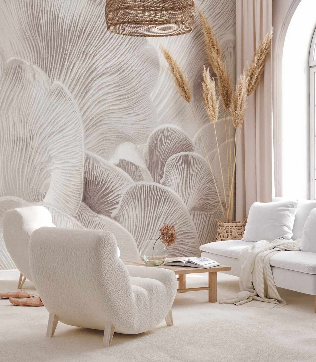 Small and elegant white living room with wallpaper