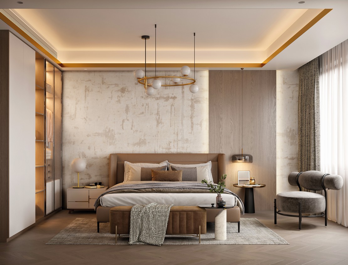 Modern and elegant bedroom with wallpaper covering.