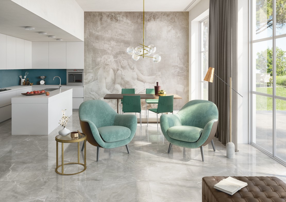 Modern and elegant open-plan living room with marble-effect flooring and wallpaper