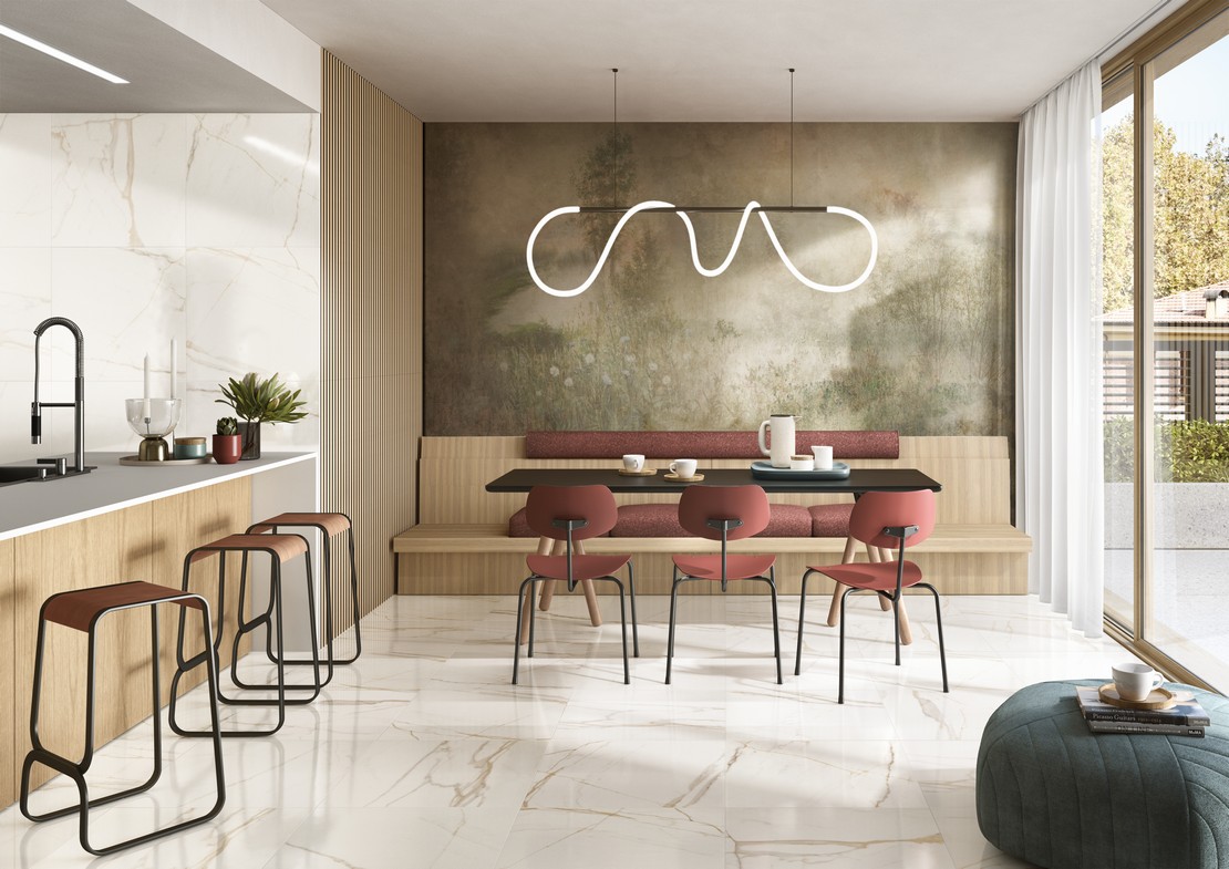 Modern, minimal, open-plan kitchen with marble-effect wallpaper and flooring