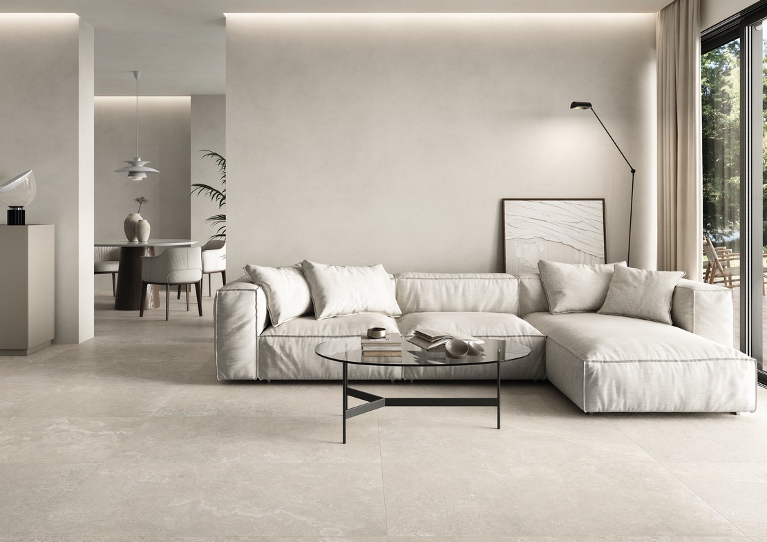 Modernes elegantes und minimalistisches Wohnzimmer in Steinoptik - Inspirationen Iperceramica