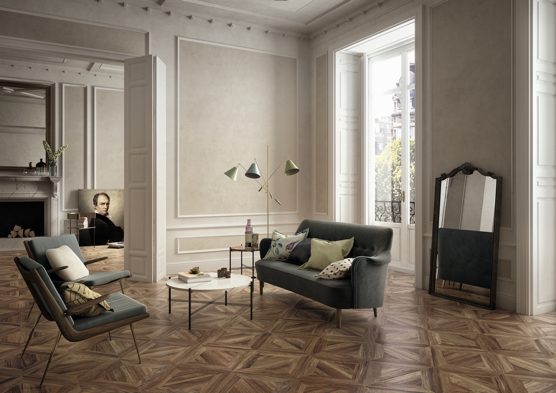 Séjour classique vintage, sol grès cérame effet bois de luxe, tons beiges et gris. - Inspirations Iperceramica