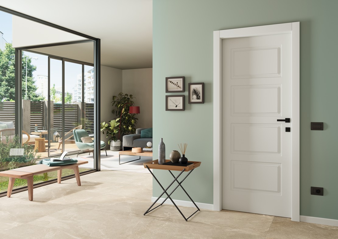 Entrée avec séjour moderne et élégant en grès cérame effet pierre beige - Inspirations Iperceramica