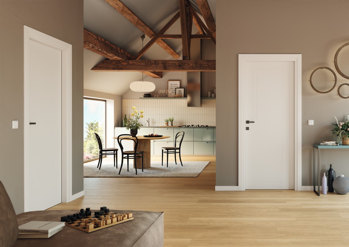Entrée moderne et élégante avec cuisine linéaire et sol en spc effet bois chêne clair - Inspirations Iperceramica
