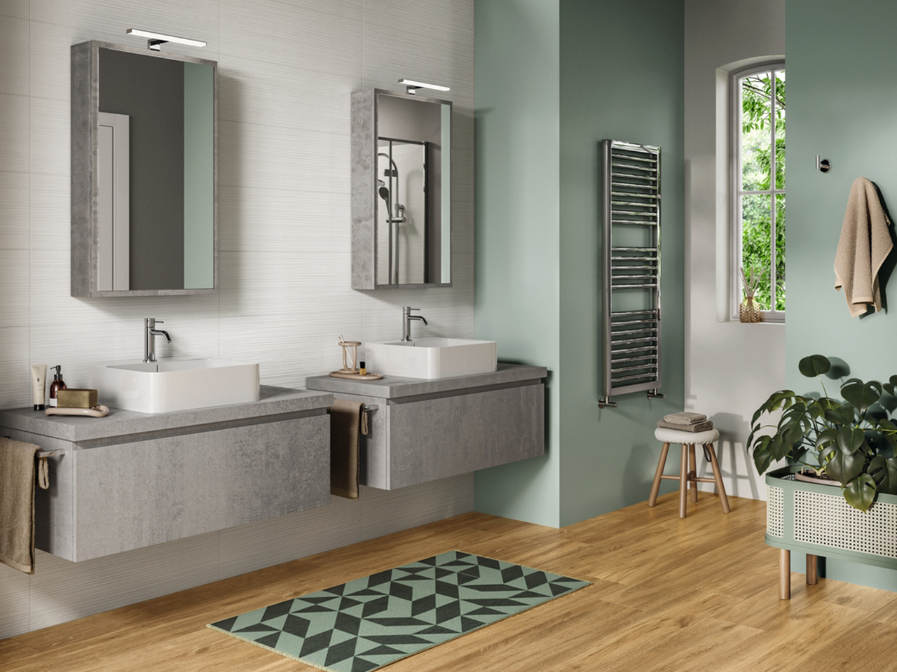 Salle de bains moderne, effet bois et béton, carrelage mural blanc 3D : une salle de bains tendance. - Inspirations Iperceramica