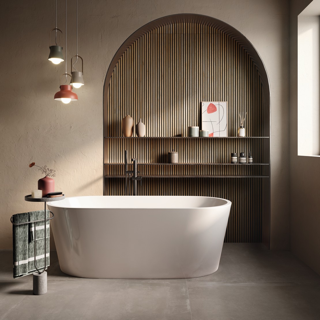 Salle de bains moderne luxueuse avec baignoire, revêtement mural effet bois et sol effet béton gris - Inspirations Iperceramica