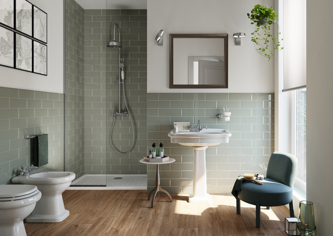 Klassisches Badezimmer mit Dusche. Holzoptik, salbeigrüne Fliesen, Vintage Stil - Inspirationen Iperceramica