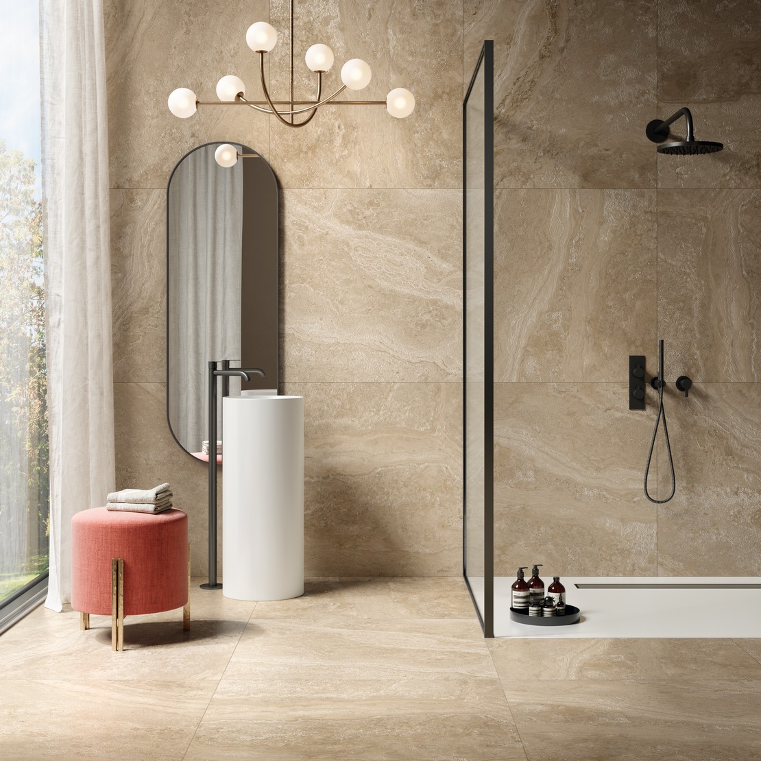 Salle de bains moderne et minimaliste effet marbre avec douche - Inspirations Iperceramica