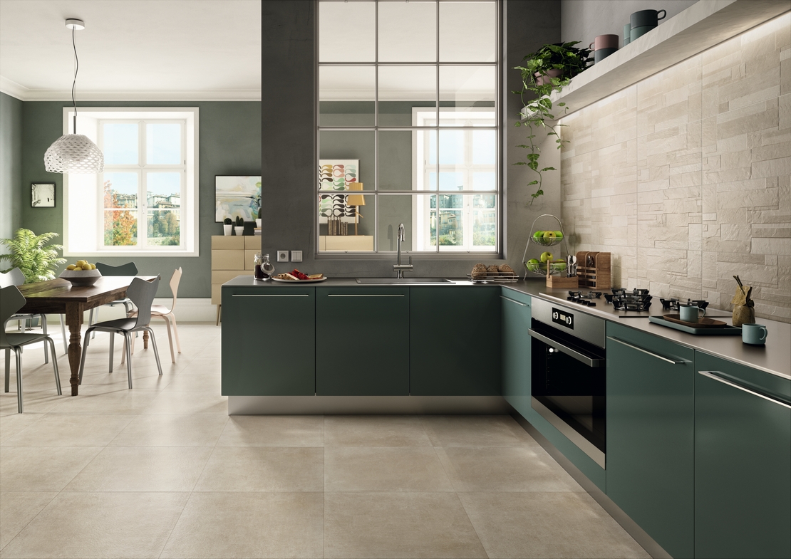 Cucina moderna ad angolo open space: effetto pietra-cemento sui toni del beige - Ambienti Iperceramica