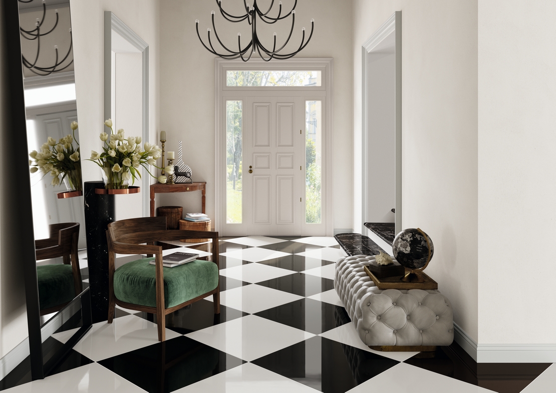 Soggiorno elegante, pavimento gres lucido nero e bianco classico - Ambienti Iperceramica