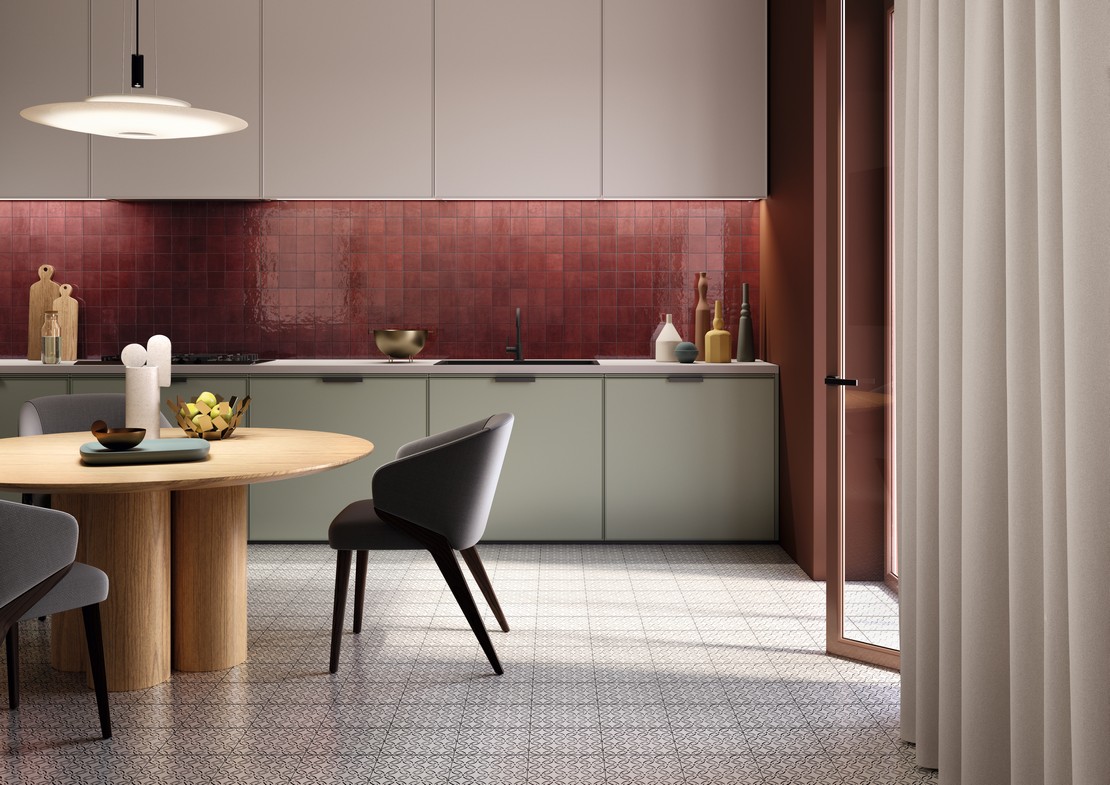 Cuisine moderne avec carrelage rouge et décoré  - Inspirations Iperceramica