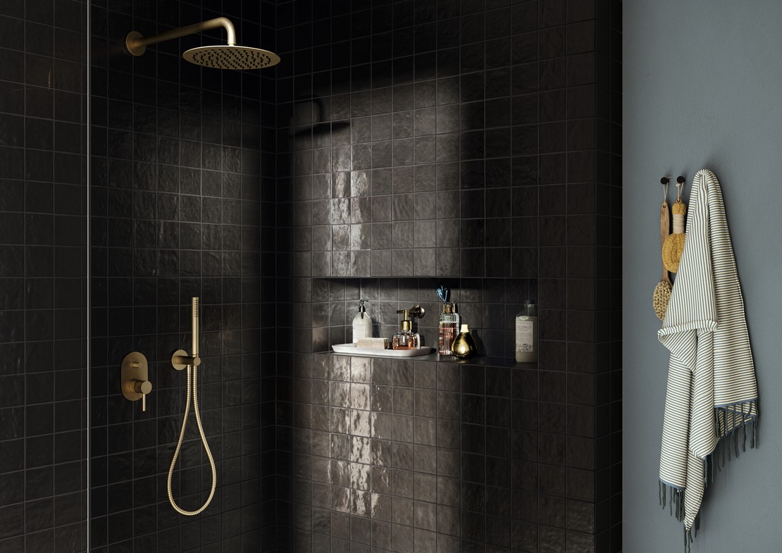Modern bathroom with shower and black tiles
