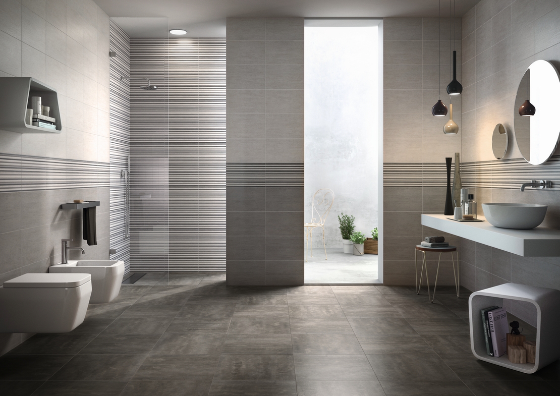 Salle de bains moderne avec douche. Effet béton gris, motif lignes horizontales : une salle de bains minimaliste. - Inspirations Iperceramica