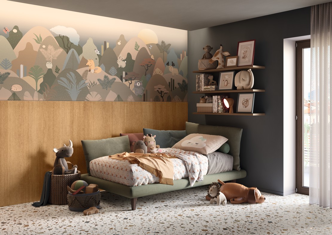 Chambre à coucher rustique imitation terrazzo avec papier peint - Inspirations Iperceramica