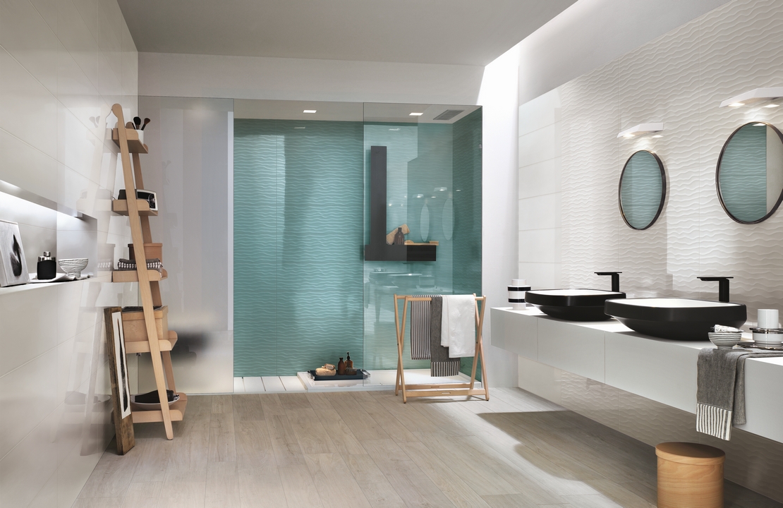 Colorful bathroom with shower. White and blue tones and wood effect for a modern bathroom