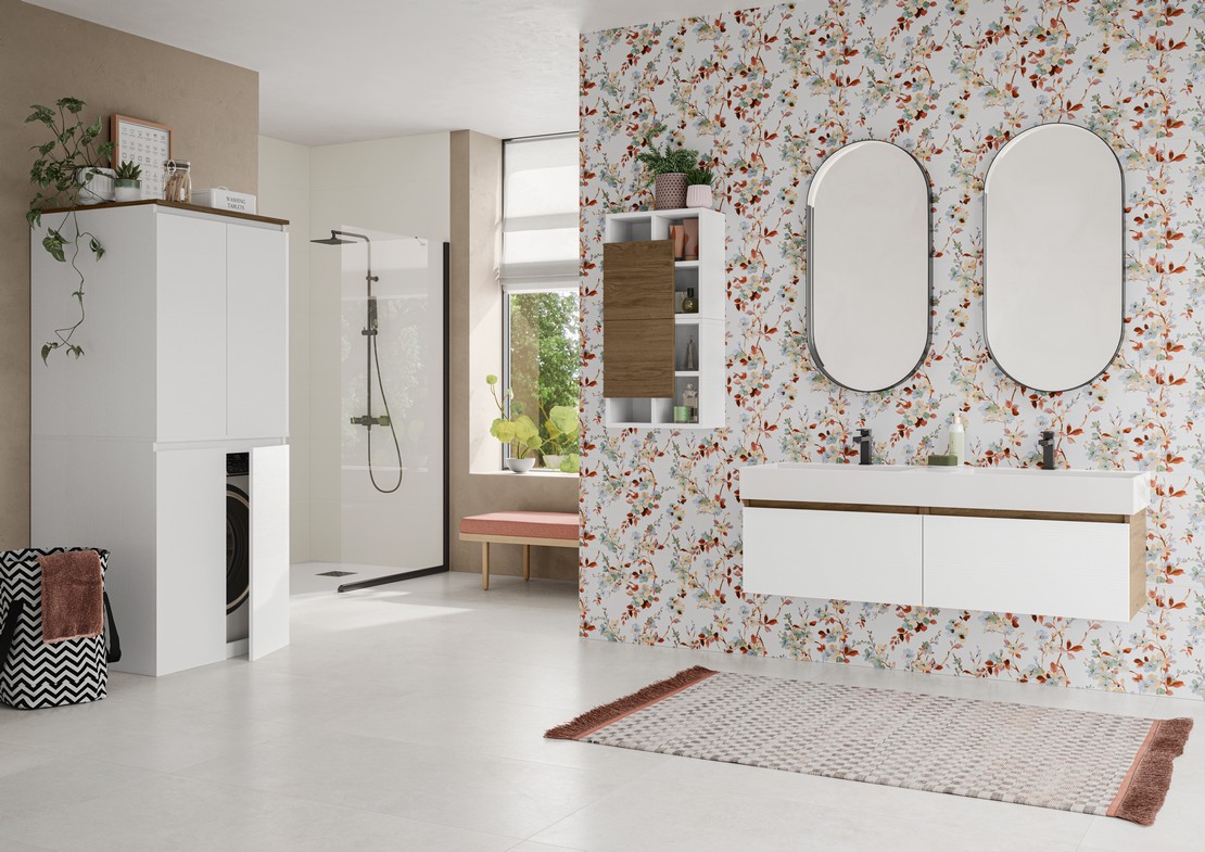 Vintage bathroom with floral wallpaper effect tiles and stone effect flooring