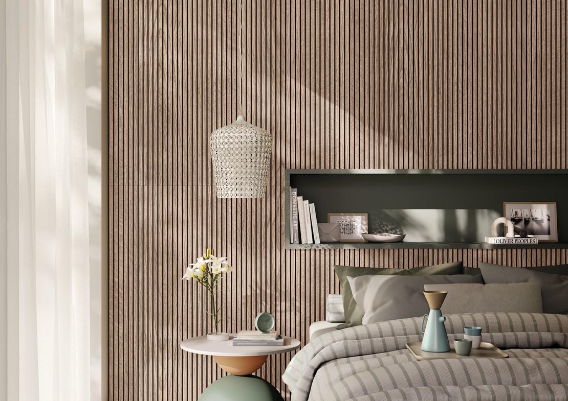 Rustic-style bedroom with wood-effect wall covering