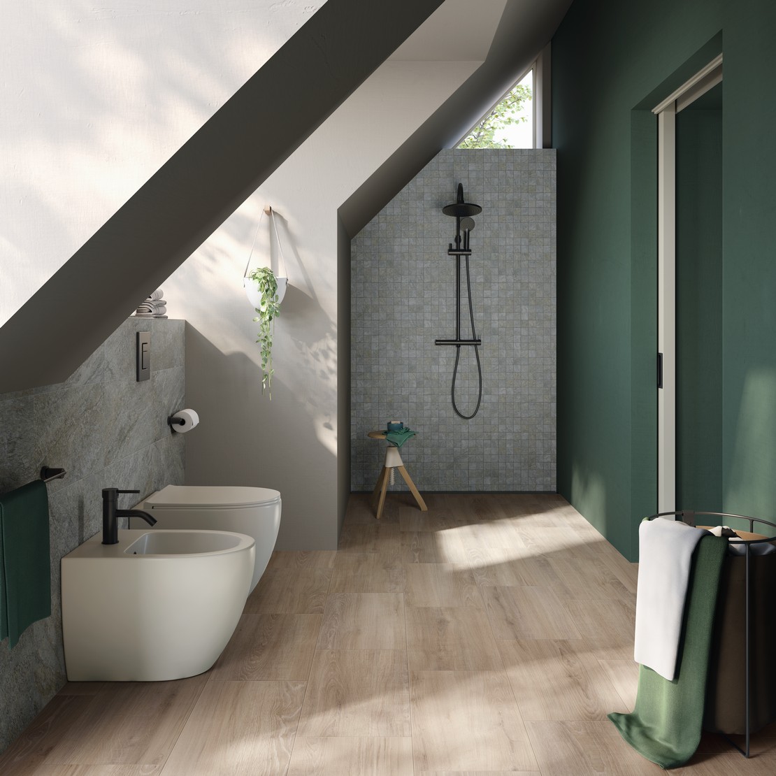 Bagno moderno minimalista piccolo con doccia mosaico in pietra, pavimento effetto legno - Ambienti Iperceramica