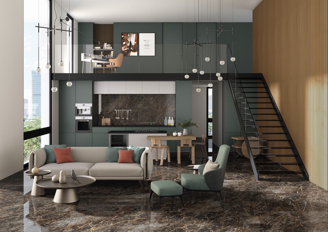 Luxuriöses Loft Wohnzimmer mit Boden Marmoroptik und Wandverkleidung aus Holz für einen modernen Touch - Inspirationen Iperceramica