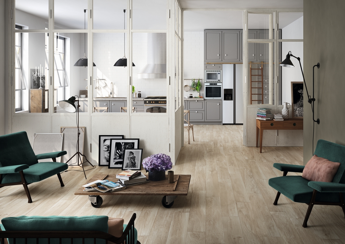Soggiorno moderno, pavimenti gres effetto legno e toni bianco, grigio per un tocco rustico - Ambienti Iperceramica