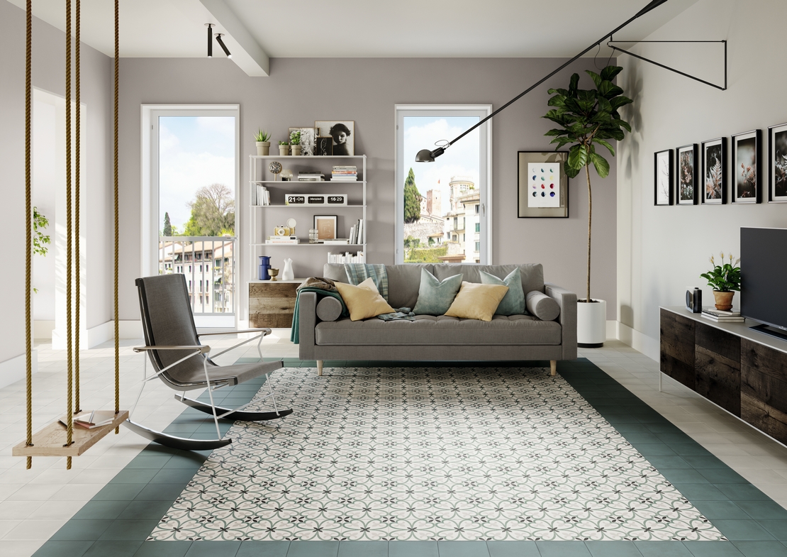 Vintage Wohnzimmer in Weißtönen und Feinsteinzeug Boden in Cementina-Optik für einen rustikalen Hauch - Inspirationen Iperceramica
