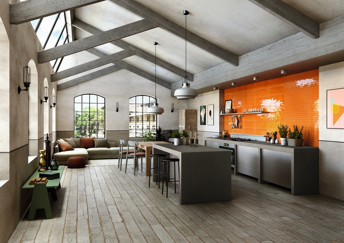 Offene farbige, rustikale Küche mit Insel und orangen Wänden - Inspirationen Iperceramica