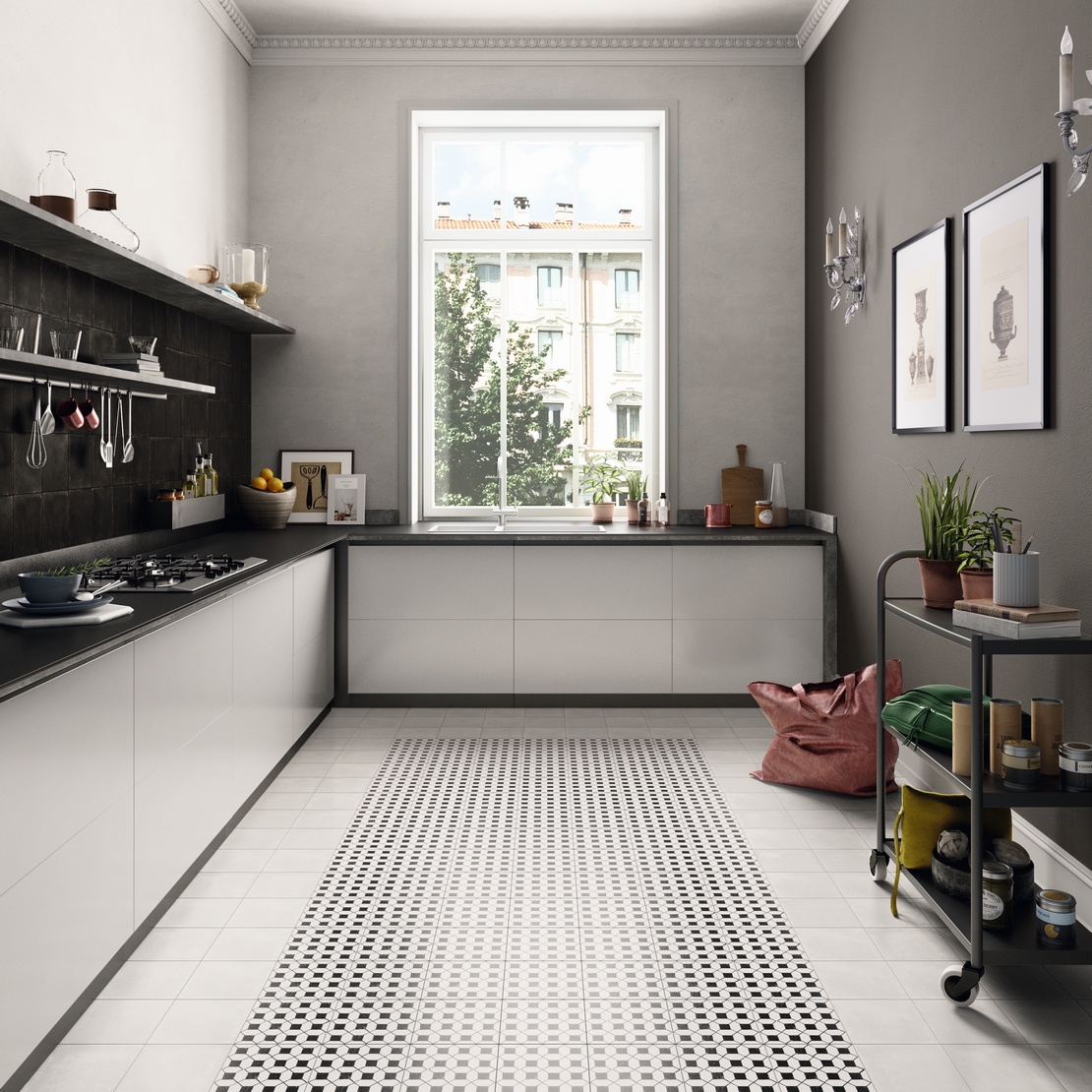 Cucina moderna ad angolo con piastrelle effetto maiolica bianca e nera - Ambienti Iperceramica