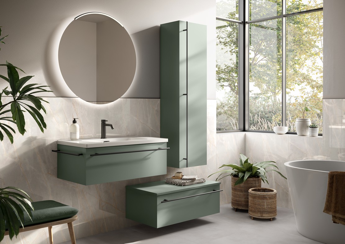 Salle de bains moderne avec vasque effet marbre tons de gris - Inspirations Iperceramica