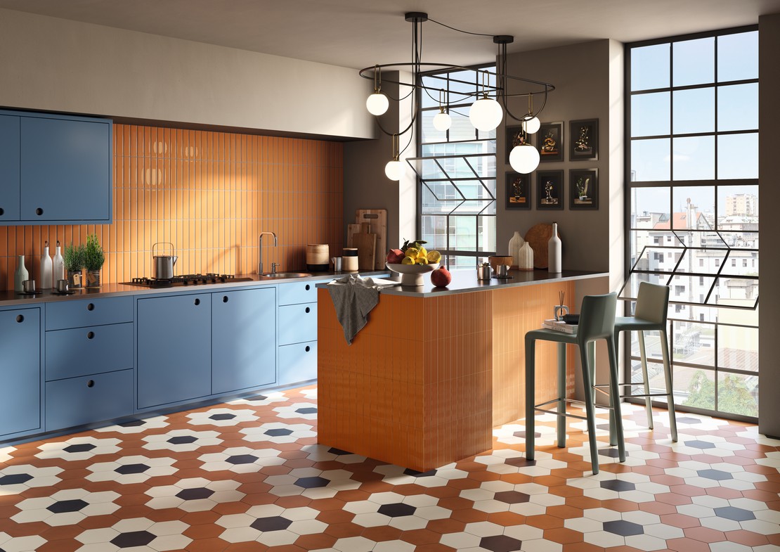 Cuisine moderne colorée terre-cuite avec îlot - Inspirations Iperceramica