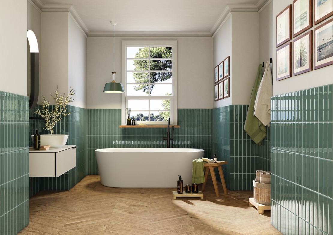 Classic bathroom with wood-effect flooring and green wall covering