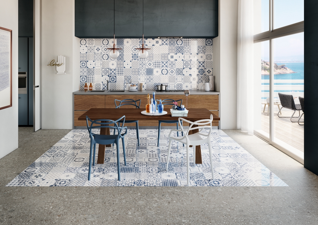 Cuisine moderne linéaire : effet pierre, tons de gris et de bleu pour un style vintage. - Inspirations Iperceramica