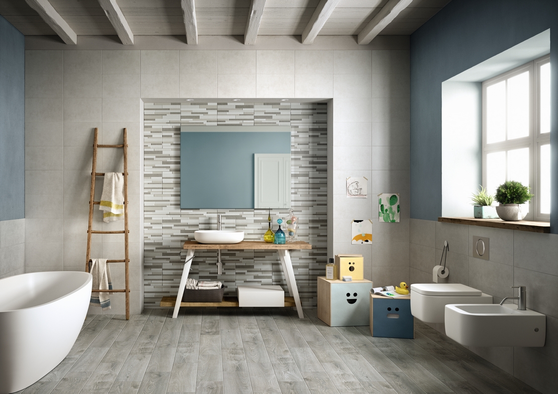 Salle de bains moderne rustique avec baignoire, grès cérame effet bois gris et carrelage mural style muret. - Inspirations Iperceramica