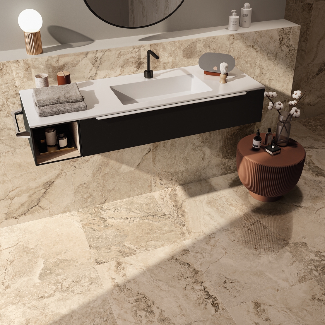 Modern and classic luxury bathroom with glossy beige travertine marble-effect tiles.