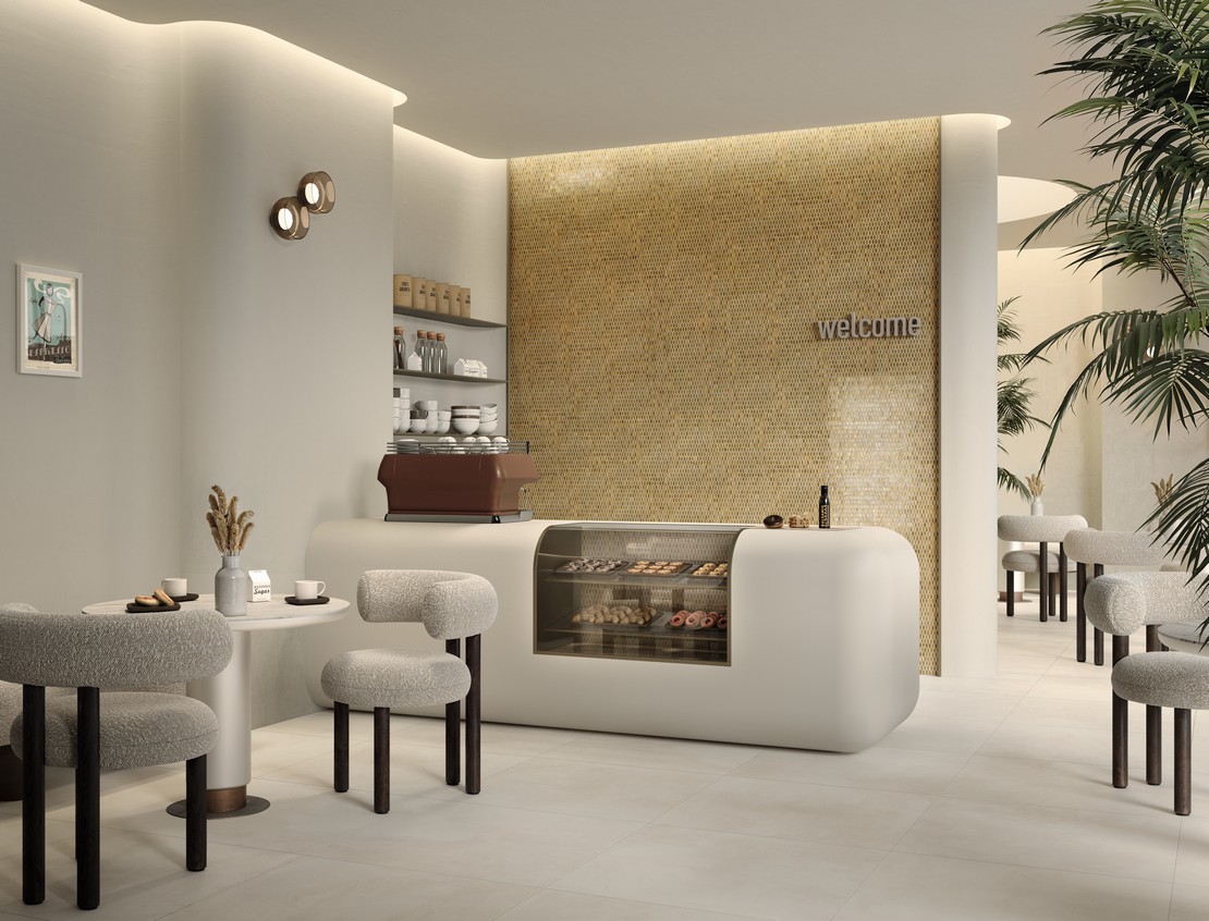 Modernes minimalistisches Cafè mit Mosaik Wandverkleidung und Fußboden in Zementoptik - Inspirationen Iperceramica