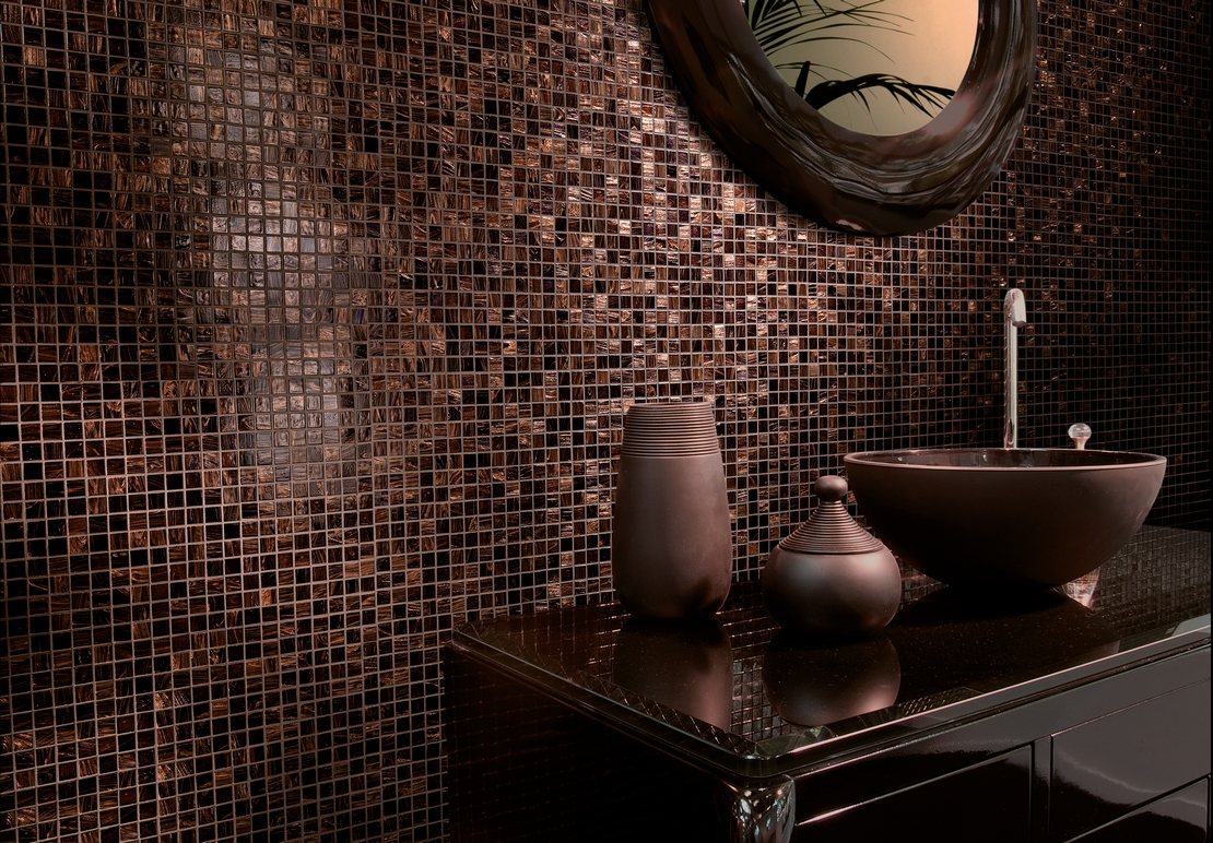 Small classic bathroom with luxury mosaic tiles in shades of black, copper, and red.