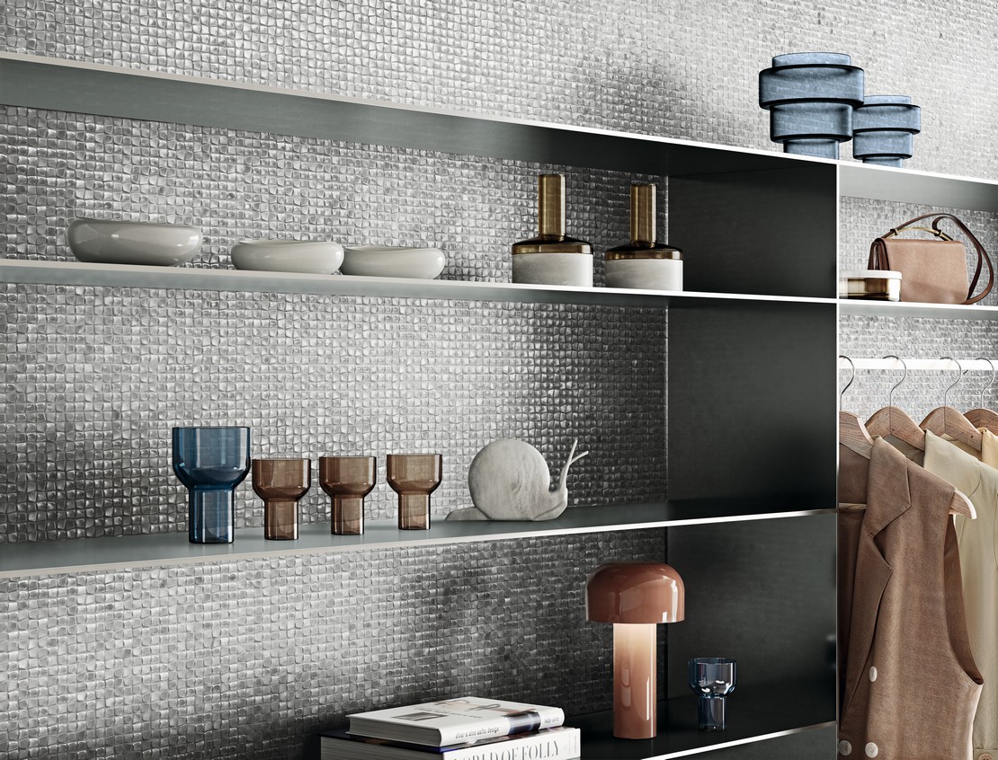 Modern industrial-style store with elegant metal-effect mosaic tiling