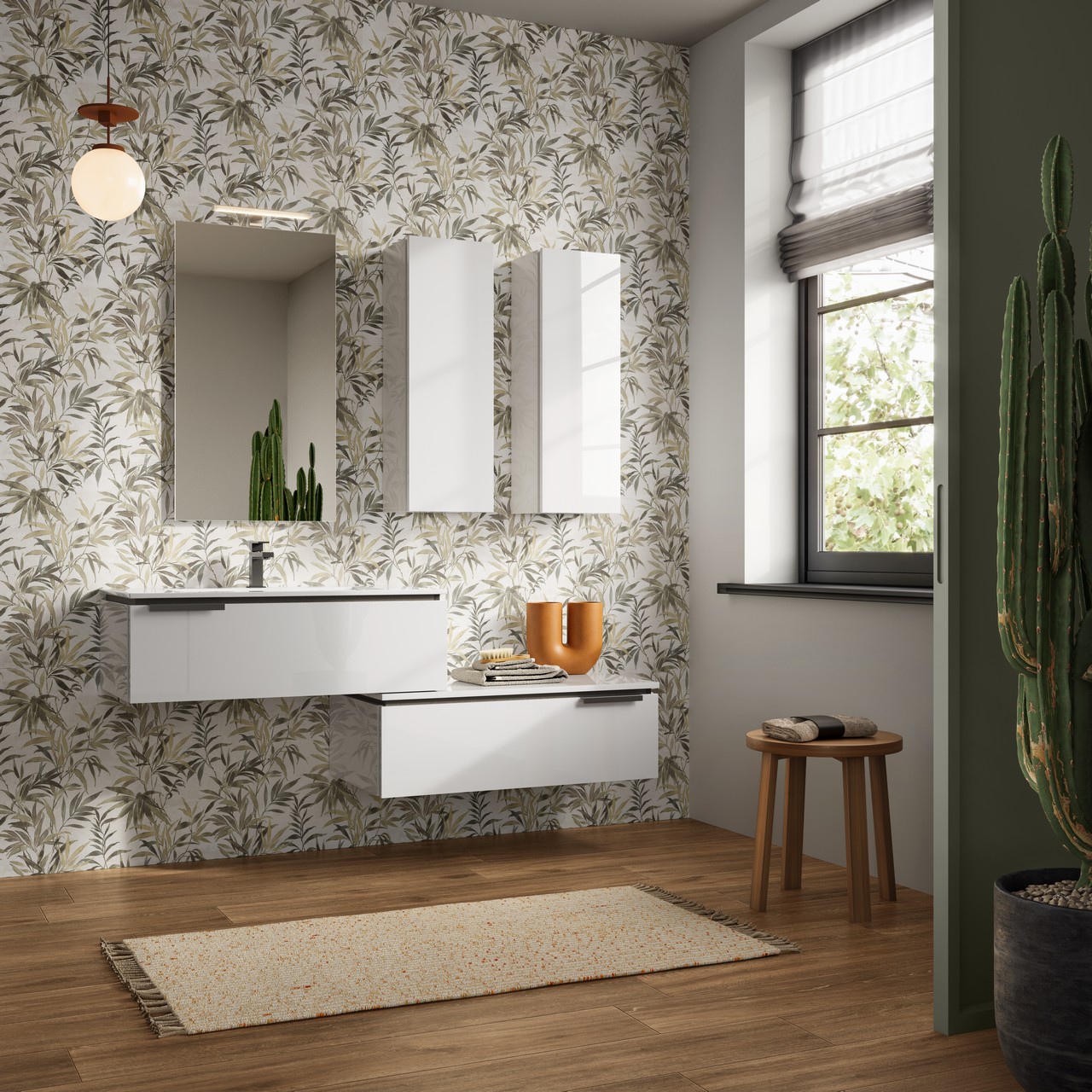 Salle de bains moderne avec grès cérame effet papier peint floral et sol effet bois. - Inspirations Iperceramica