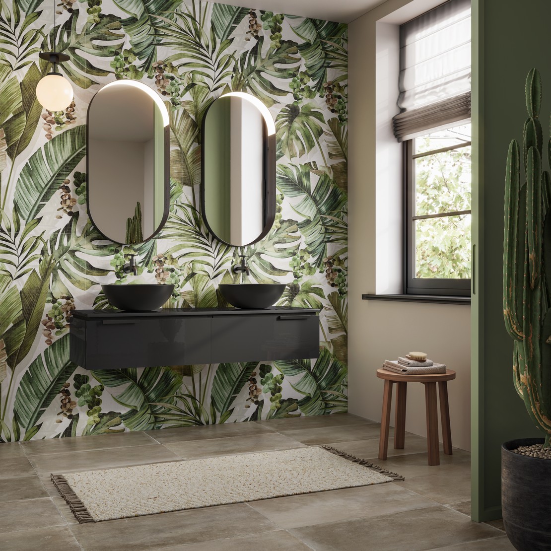 Salle de bains moderne avec sol effet béton et revêtement effet papier peint floral - Inspirations Iperceramica