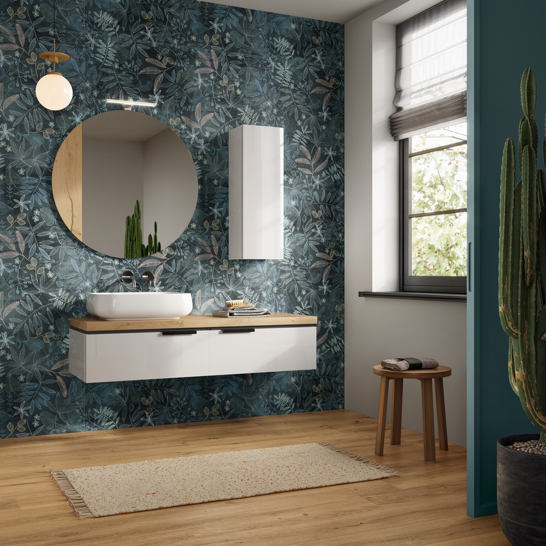 Salle de bains moderne dans des tons bleus avec revêtement effet papier peint et sol imitation bois - Inspirations Iperceramica