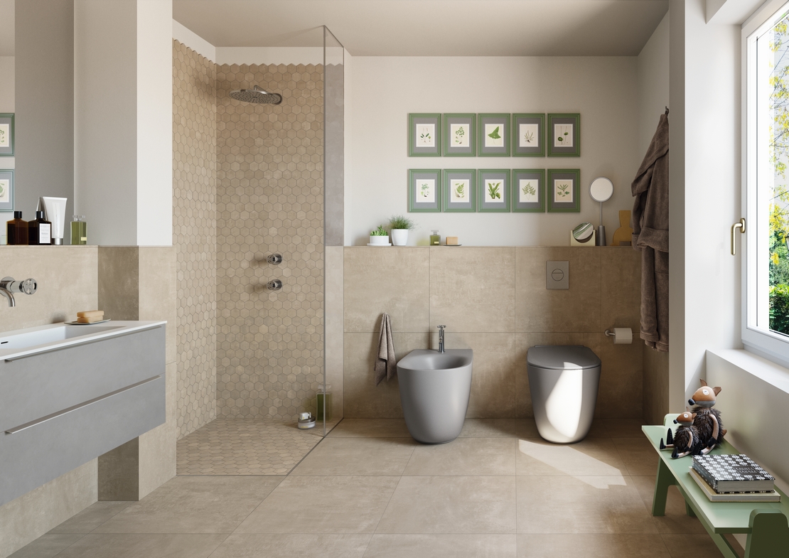 Salle de bains moderne rustique, baignoire, style industriel : mosaïque et grès cérame effet béton beige. - Inspirations Iperceramica