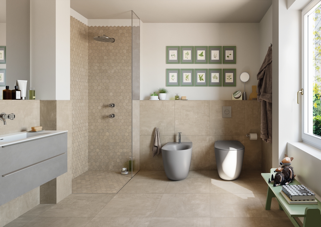 Rustikales, modernes Badezimmer, Badewanne, Industrieller Stil: Beiges Mosaik mit Zementoptik und Feinsteinzeug - Inspirationen Iperceramica