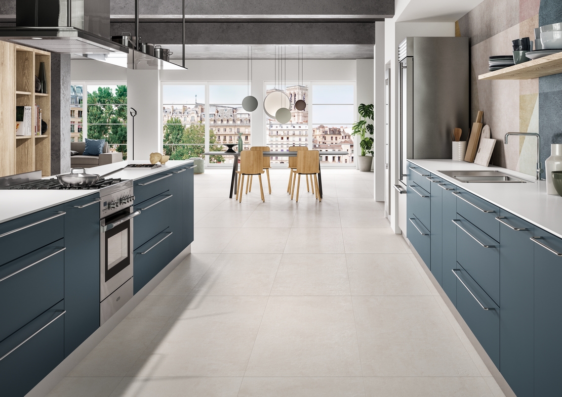 Luxuriöse, moderne Küche mit offenem Raum: Zementoptik mit Blau- und Weißtönen - Inspirationen Iperceramica