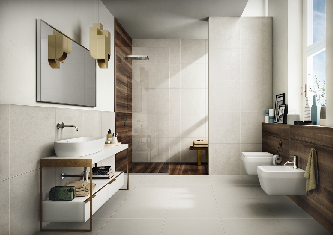 Salle de bains moderne avec douche, de luxe : grès cérame effet bois foncé et ciment blanc gris. - Inspirations Iperceramica