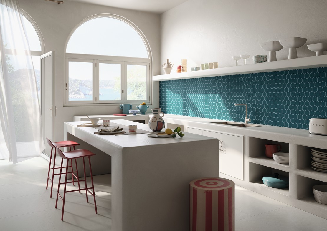 Linear moderne Küche mit farbigen Fliesen - Inspirationen Iperceramica