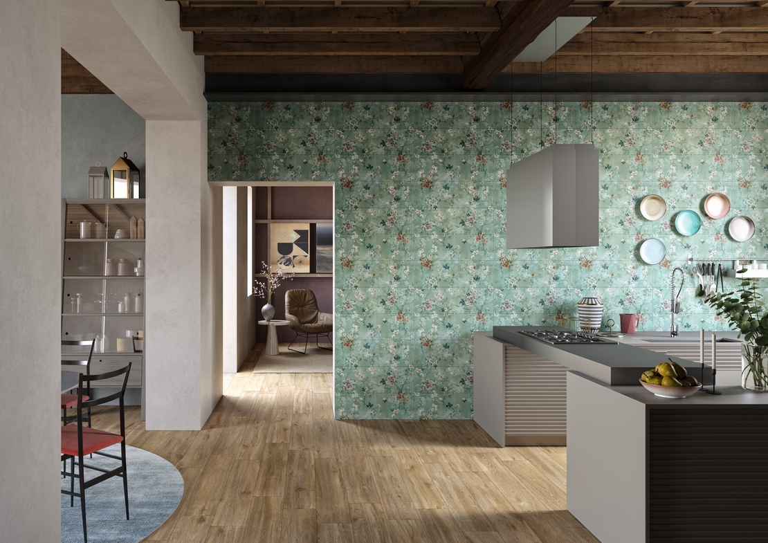 Rustikale Küche mit Halbinsel. Holzoptik und Grüntöne für eine Vintage-Küche - Inspirationen Iperceramica