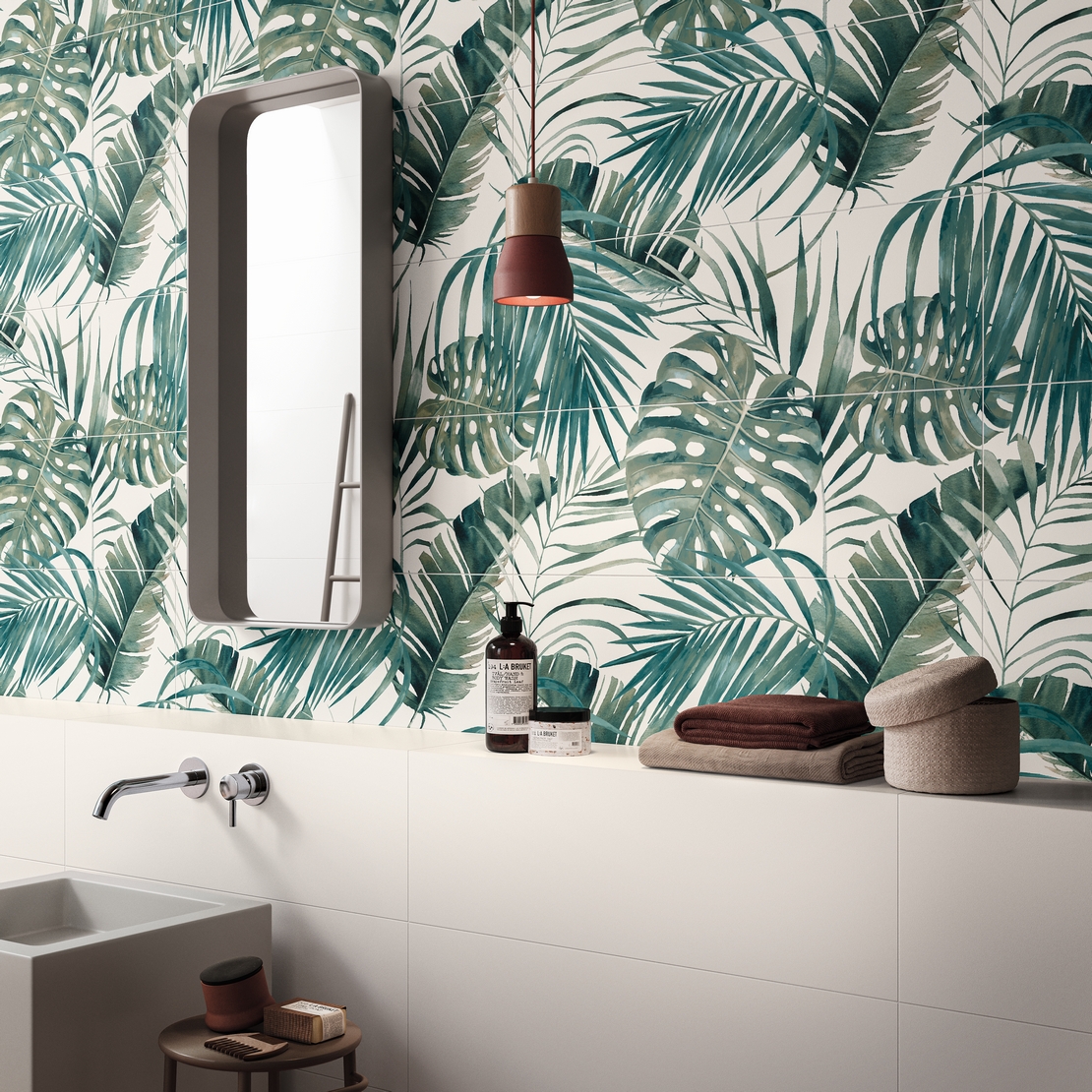 Minimalist colorful modern bathroom. White and green jungle decor: a luxury bathroom.