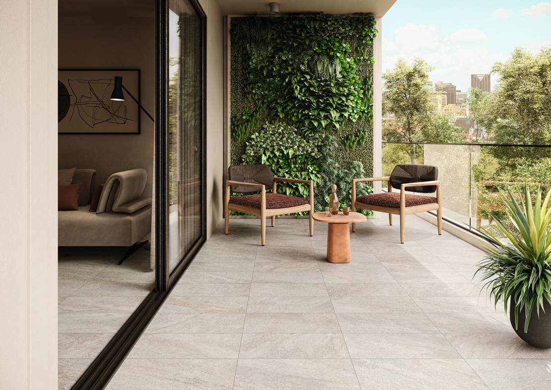 Extérieur moderne avec terrasse, sol effet pierre - Inspirations Iperceramica