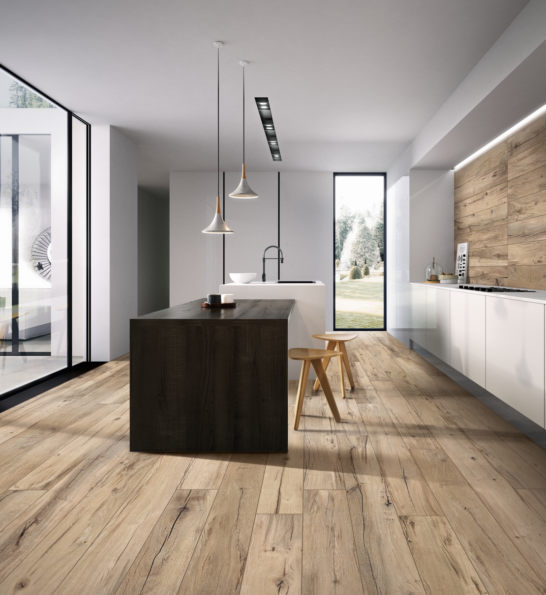 Minimale moderne Küche mit Insel. Weiß, Grau und Holzeffekt für einen modernen Touch - Inspirationen Iperceramica