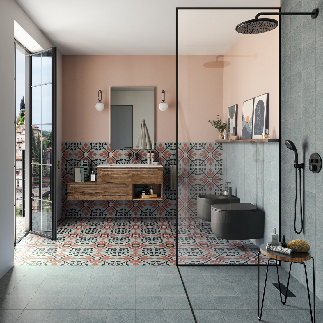 Salle de bains colorée avec douche. Carreaux de ciment effet pierre bleue et motif vintage rose. - Inspirations Iperceramica